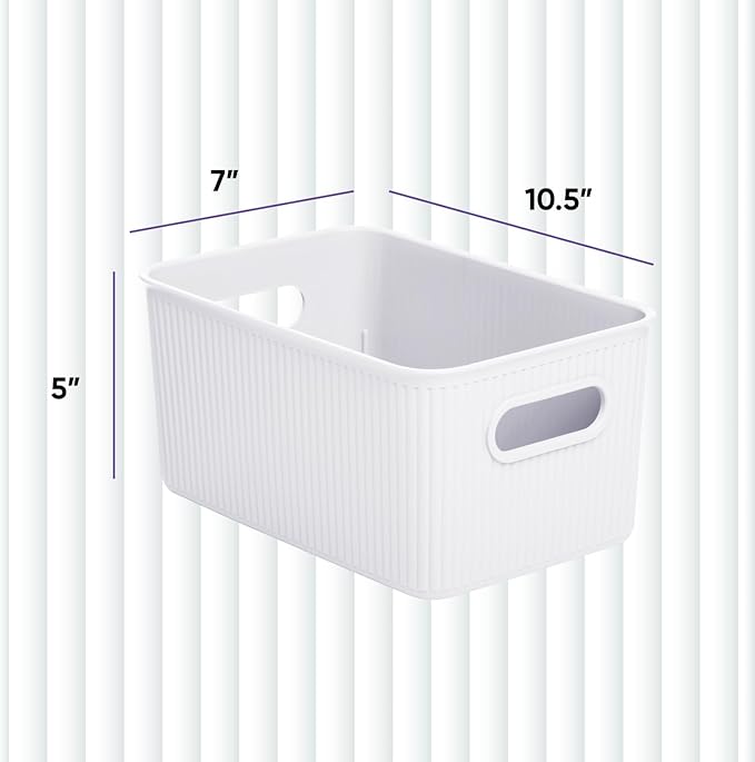 Superio Ribbed Collection - Decorative Plastic Basket Open Home Storage Bins Organizer, Medium White (1 Pack) Container Boxes for Organizing Closet Storage Bins for Shelves Drawer Shelf 5 Liter