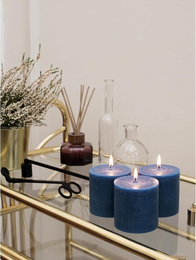 CANDWAX 3x3 Pillar Candles Set of 3 - Rustic Unscented No Drip Dark Blue Candles for Home Decor, Weddings, Centerpieces