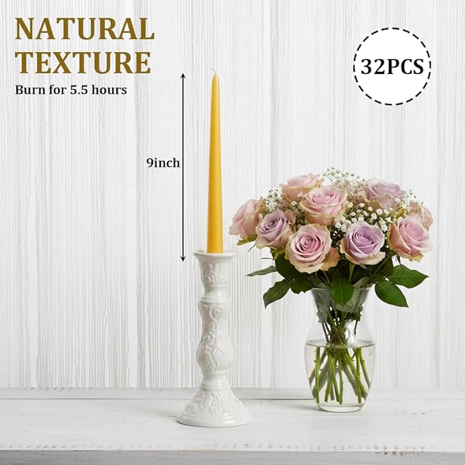 Nihaoya 32 Pack Beeswax Candle Set, 9 Inch Smokeless & Dripless Candles Bulk, 6 Hour Long Burn Time Tapered Candles for Meditation, Dining, and Decor