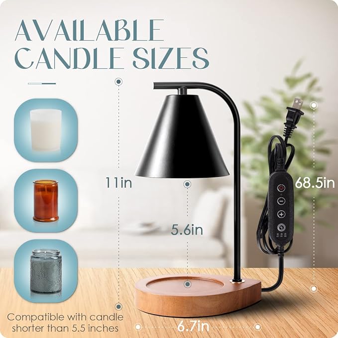 Aimoptg Candle Warmer Lamp with Retro Wooden Base - Home Decor Wax Melt for Small and Large Jar Candles, Candle Heater Lamp with 2 Bulbs, Dimmer and Timer Function
