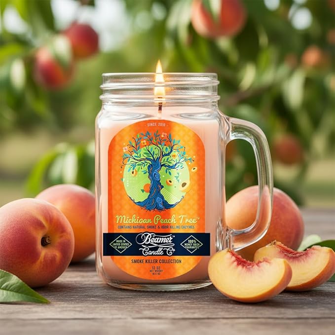 Michigan Peach Tree Candle – Odor Eliminating, Strong Scent – Ripe Juicy Peach – Long Lasting 90 Hour Burn – Large 12oz Mason Jar – Made in USA – Beamer Candle Co.