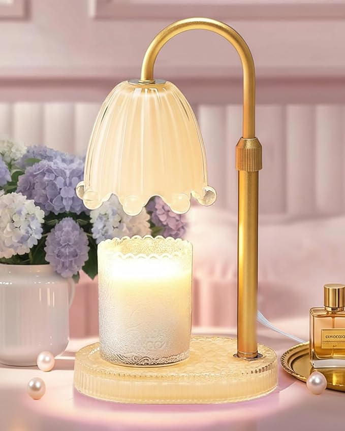 Flower Candle Warmer Lamp with Timer, Vintage Adjustable Glass Warmer Light for Jar Candles, Electric Wax Warming Melter, Gifts for Women Mom, Bedroom Decor (Yellow-Flower)
