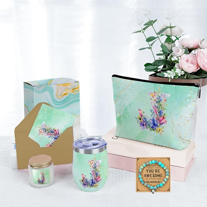 Personalized Gifts Monogrammed Birthday Gifts for Women, Maid of Honor Bachelorette Wedding Christmas Initial Wine Tumbler Makeup Bag Scented Candle Bracelet Set, (Aesthetic Green Flower J)