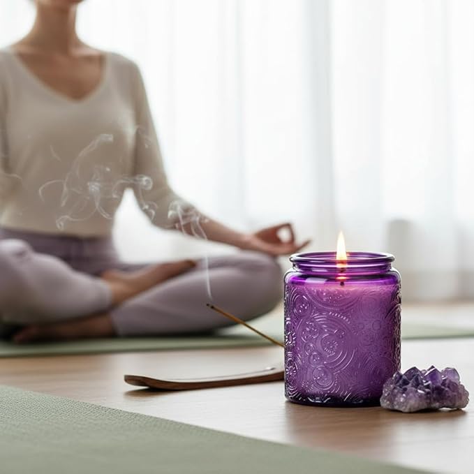 Art Secret 9-Pack 8oz Embossed Glass Candle Jars with Lids and Labels - Sun Moon Stars Design (Purple)