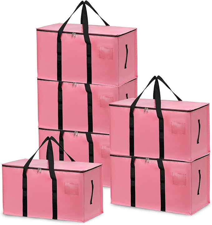 6 Pack Large Moving Bags with Zippers & Carrying Handles, Heavy Duty Storage Tote Moving Boxes，Space Saving(Pink, 6 Pack)