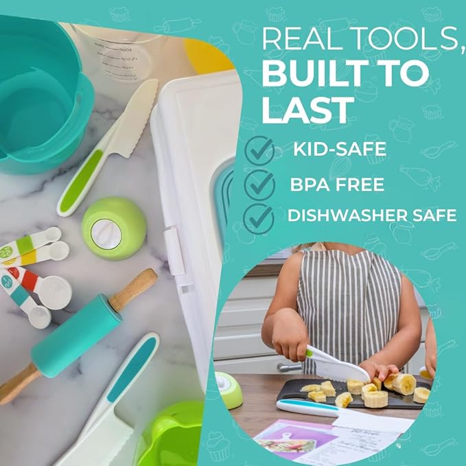 Tovla JR Kids Real Cooking and Baking Ultimate Gift Set | Montessori Kid-Safe Knives, Apron, Visual Cookbook, Timer, Storage Case & Tools | Premium Christmas & Birthday Gift for Girls & Boys