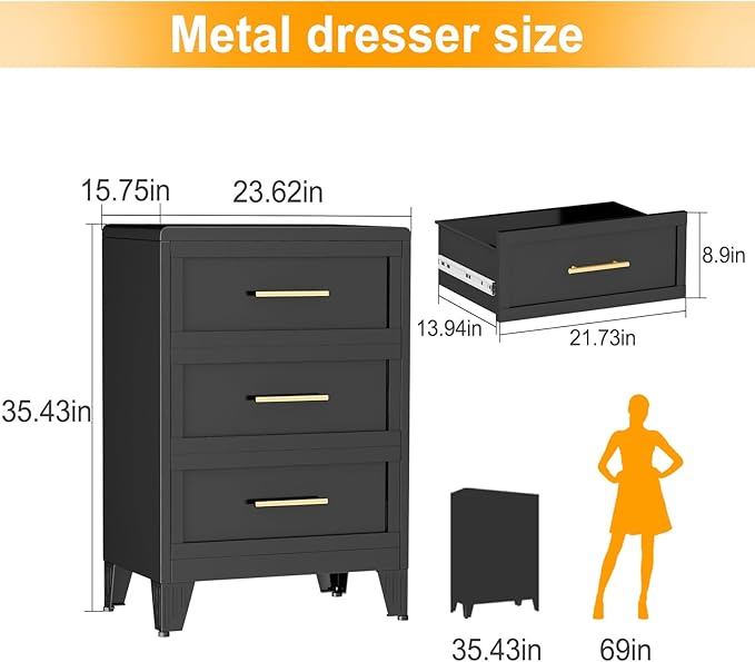 Ckzbx Metal Dresser Narrow Dresser for Bedroom Chest, 35.43" H Drawer Chest, Closet Dressers & Chests of Drawers for Living Room, Hallway (3 Drawers Black 24inch Wide)