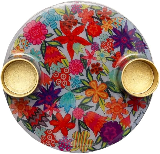 Yair Emanuel Flat Plate Candle Holders for Shabbat 4 Inch Vibrant Pattern Design Modern Judaica Gift (CSE-2 Flowers)