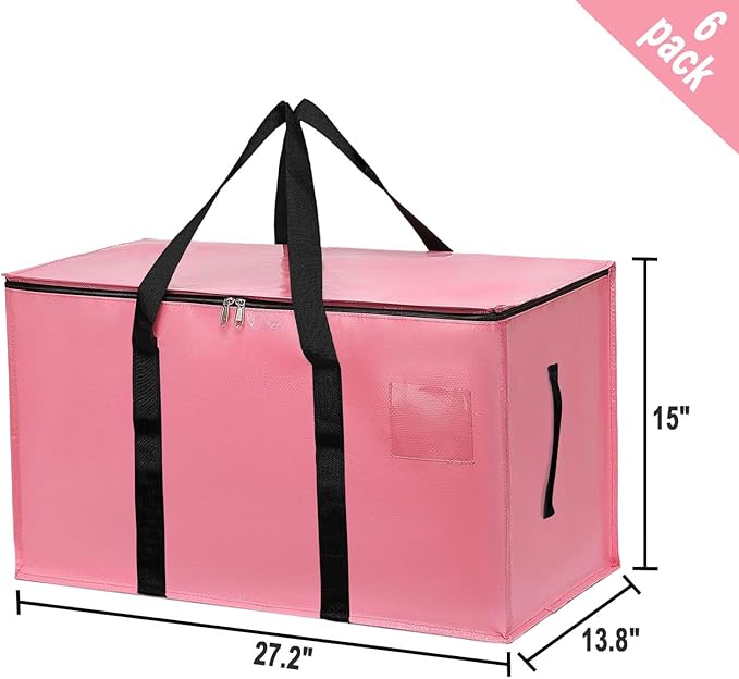6 Pack Large Moving Bags with Zippers & Carrying Handles, Heavy Duty Storage Tote Moving Boxes，Space Saving(Pink, 6 Pack)