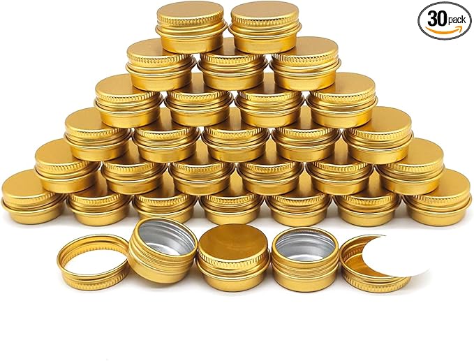 30 pack 5ml Lip Balm Tin Cans, 5g Mini Aluminum Makeup Sample Containers with Screw Lid, Empty Metal Tins Pot Storage Travel Jars for Cosmetic Cream Candle Tea, 5 Gram Small Tins, Gold Color