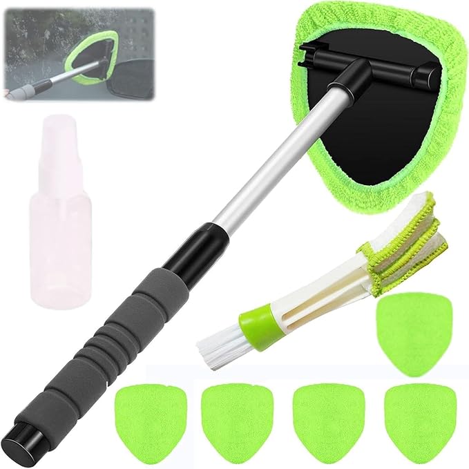 IBHOO Glass Defogger Brush for Car, Microfiber Car Windshield Cleaning Tool with Extendable Handle, with 4 Reusable and Washable Microfiber Pads