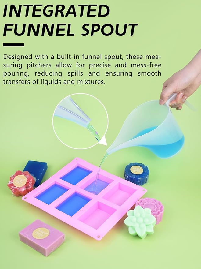 Artcome Funnel Pitcher Set - 4 Pack, 1000ml Plastic Measuring Pitchers with Funnels, 4 Stirring Rods, and 15 Small Measuring Cups for Soap Making, Resin Casting, Baking, and DIY Crafts