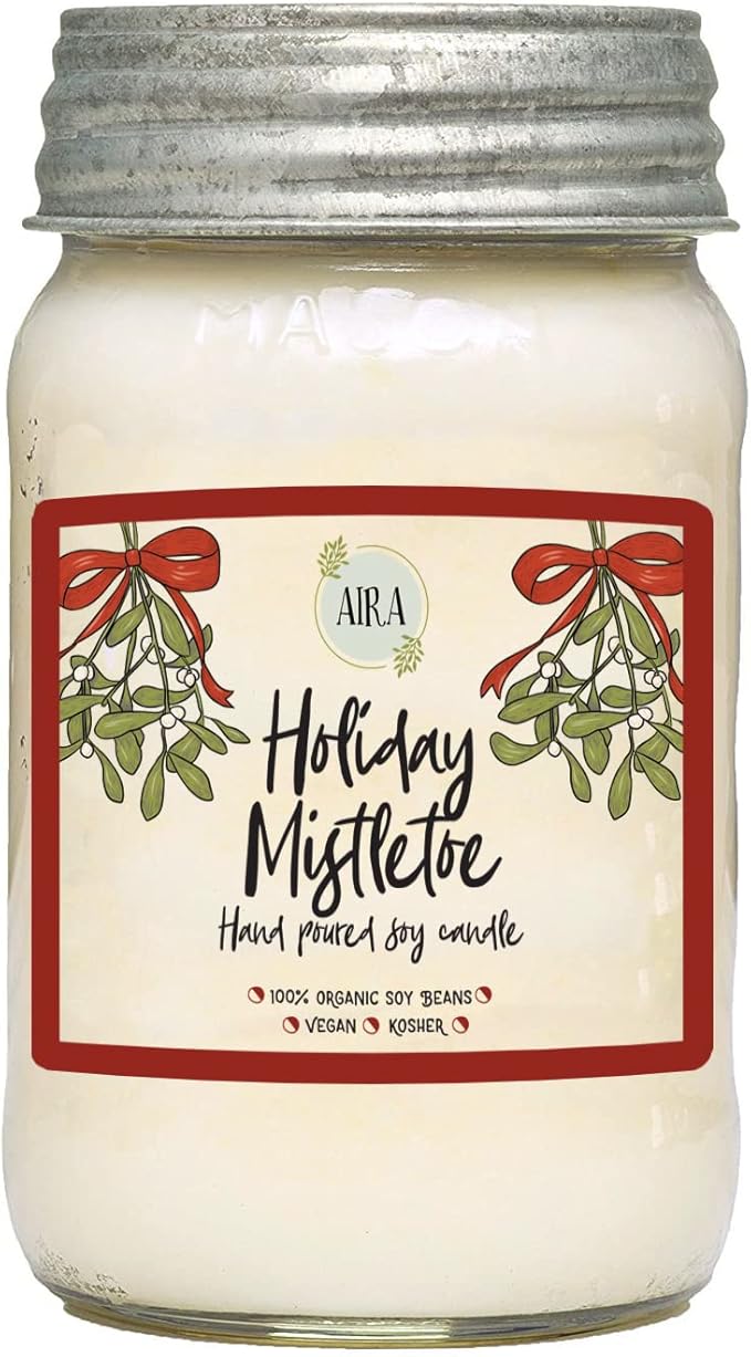 Aira Soy Candles - Organic, Kosher, Vegan, in Mason Jar w/Therapeutic Essential Oils - Hand-Poured 100% Soy Candle Wax - Paraffin Free, Burns 110+ Hours - Holiday Mistletoe Christmas Candle - 16 Oz