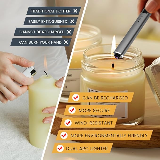 Windproof Flameless Long Candle Lighter with Dual Arc, USB Rechargeable Lighter for Candles, Grill and Fireworks