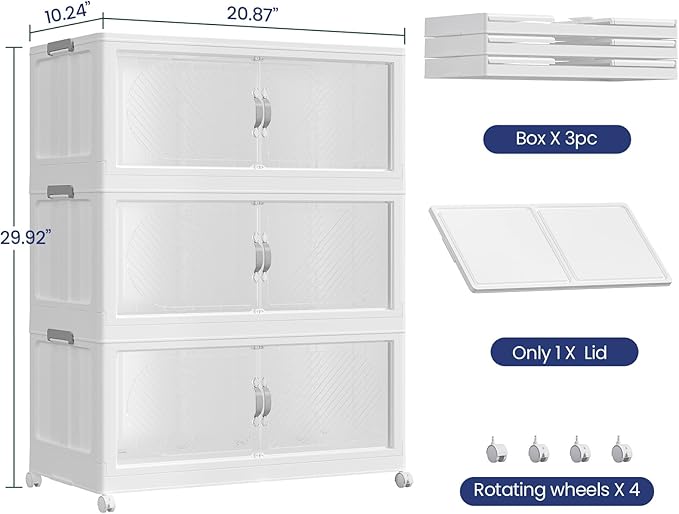 180QT Extra Large Stackable Storage Bins with Lid, 45Gal Plastic Closet Organizers and Storage Drawer, Collapsible Cabinet Box with Wheels Clear Doors for Home Kitchen Office, 3Pack White