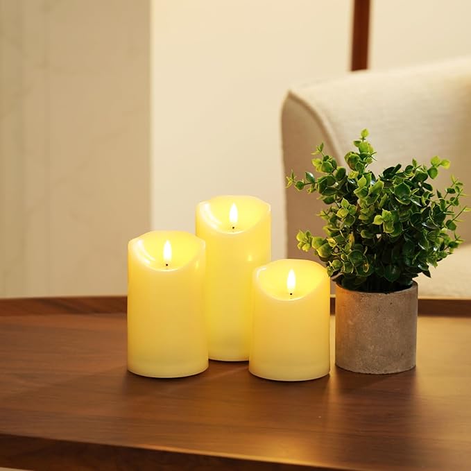 5plots Rechargeable Flameless Candles, Battery Operated LED Candles, Electric Candles with Remote and Timers, Wax-Like Plastic, Ivory, 3Pack, 3" x 4"5" 6", for Home Decor