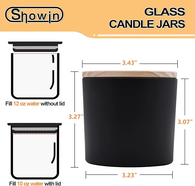 SHOWIN 12 OZ Thick Candle Jars for Making Candles 12 Pcs, Empty Jars with Wood Lids for Spice Jars, Sample Container, Matte Black