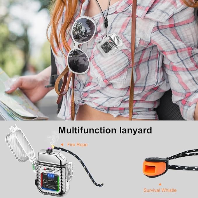 SUPRUS Luminous 3 Modes of Flashlight Windproof Waterproof Lighter Electric Rechargeable Dual Arc Plasma Lighter with Survival Emergency Whistle and Lanyard (Silver)
