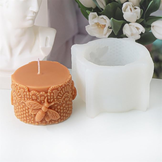 Bee Lace Trim Cylinder Candle Mold, Honeybee Beehive Pillar Silicone Mold for Beeswax Candle, Soy Wax Candle, Plaster Ornament, DIY Crafts (J)