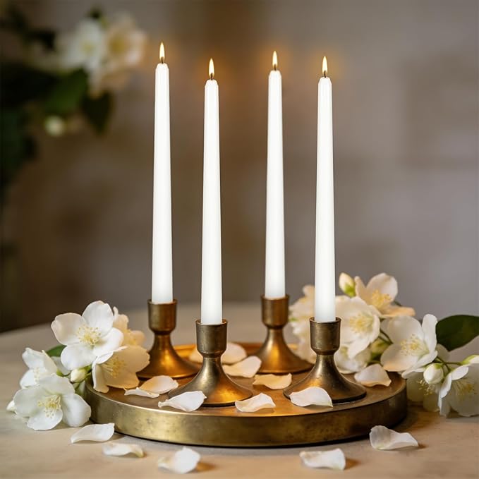 White Taper Candles, 10 Inch Dripless Candlestick, Jasmine Scented Colonial Candle, Dripless Long-Lasting Burning Candle Sticks for Home Décor, Dinner, Weddings,4Pack