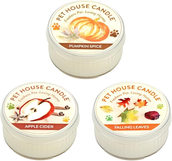Pet House Mini Candles for Pet Odor Made with Natural Soy Wax, Plant Based, Dog and Cat Friendly Scented Candles, Fall Mix Variety Pack of 3