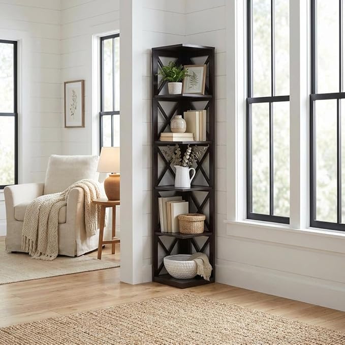 Furnifact Espresso 5-Tier Corner Bookcase with Durable Non-Lead Base Paint, Space-Saving Design for Home or Office Storage, Modern and Easy to Access
