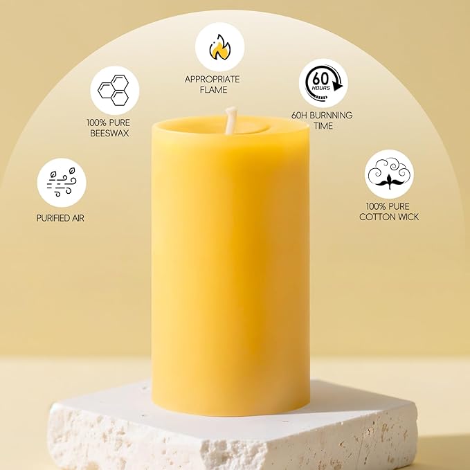 3x6inchs Beeswax Candles - 3 Pack Large Emergency Candles, 309 Hour Long Burn Time Big Bees Wax Candle for Home, Beeswax Pillar Candle for Home Holidays Decor Spa Relaxation (3x6in)