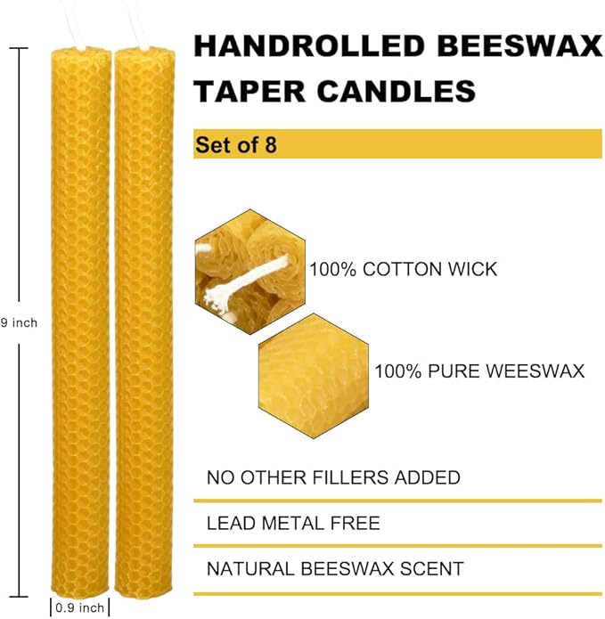 8PCS 9" Hand-Rolled Beeswax Taper Candles, Real Pure Beeswax, Handmade Honeycomb Candles, Flat Top, Brown Raw