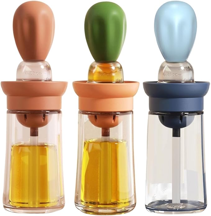 TINMIX Oil Dispenser with Brush - 3 Pack Glass 2 IN 1 Oil Dispensing Bottle with Basting Brush for Cooking Frying Baking Kitchen, 180ml, T-OB21 Blue+Green+Red