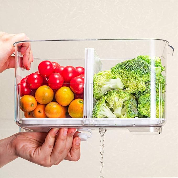 SANNO Vegetable Fruit Containers Fridge Food Storage Produce Saver Container Stackable Refrigerator Freezer Organizer Fresh Keeper Drawers Organizer set of 2