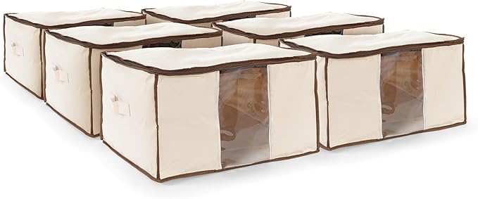 Covermates Canvas Storage Bag for Blankets, Clothes & Décor, 100% Cotton Breathable Fabric, Clear ID Window, Dual Zipper Closure, Carry Handles, Closet Organization, Natural