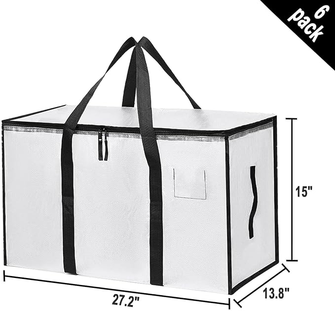 6 Pack Large Moving Bags with Zippers & Carrying Handles, Heavy Duty Storage Tote Moving Boxes ，Space Saving (Clear, 6 Pack)