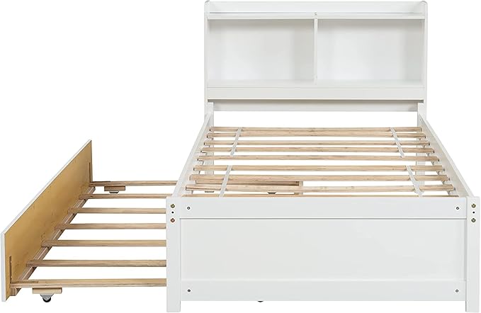 Harper & Bright Designs Twin Bed with Trundle, Twin Bed Frame with Bookcase Headboard, Wood Twin Platform Bed with Pull Out Trundle Bed for Kids Girls Boys,No Box Spring Needed,White