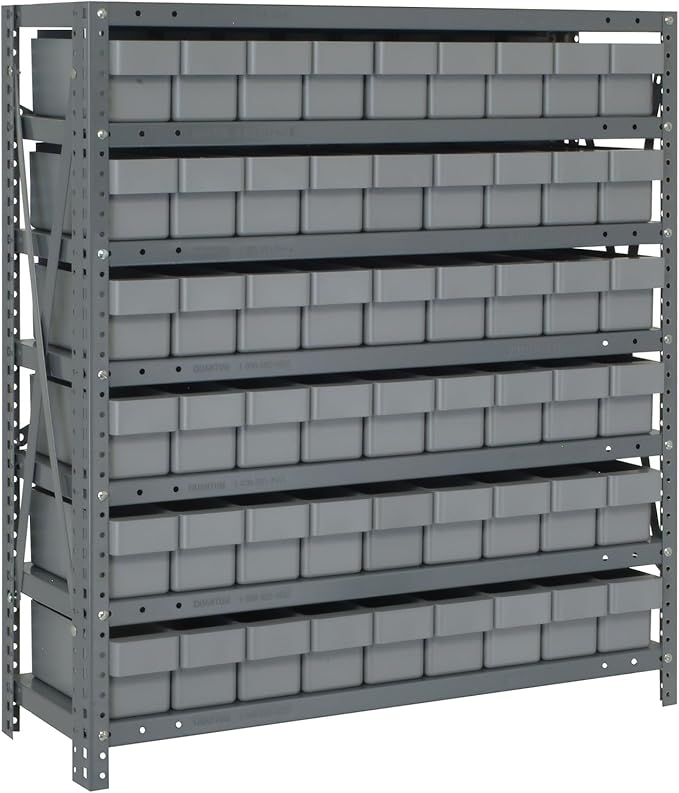 Quantum 1839-604GY Heavy Duty Shelving Unit with (7) Shelves and (54) Gray QED604 Bins for Garage Warehouse Storage Distribution | 400 lb Load Capacity | 18"D x 36"L x 39"H, Galvanized Carbon Steel
