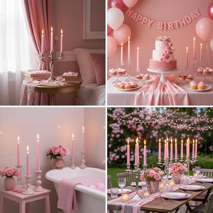 OSHINE 10 Inch Pink Taper Candles - 24 Pack Long Taper Candle Dripless Unscented Smokeless & Emergency 7-8 Hours Long Burning Tall Candlesticks Ideal for Valentine, Weddings, Dinner Parties, Advent