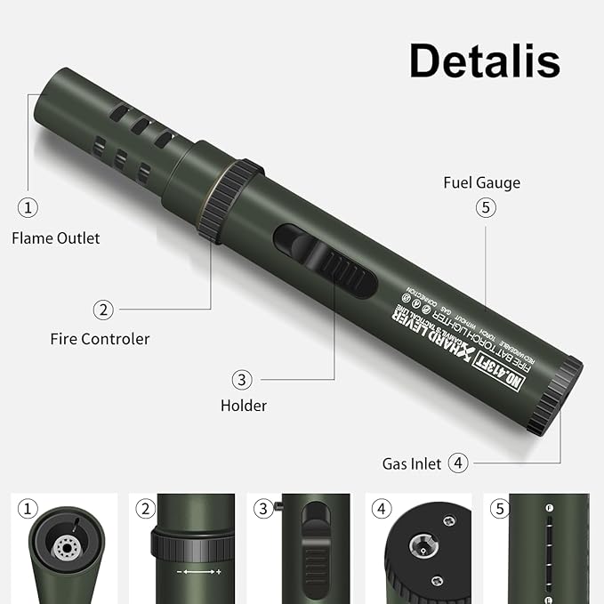 Camping Lighter, Torch Lighter, Windproof Jet Flame Butane Refillable Adjustable Flame with Safety Lock&Fule Guage for Campfires Kitchen Hiking Candles Fireplace BBQ Outdoor Camping Essentials(Green)