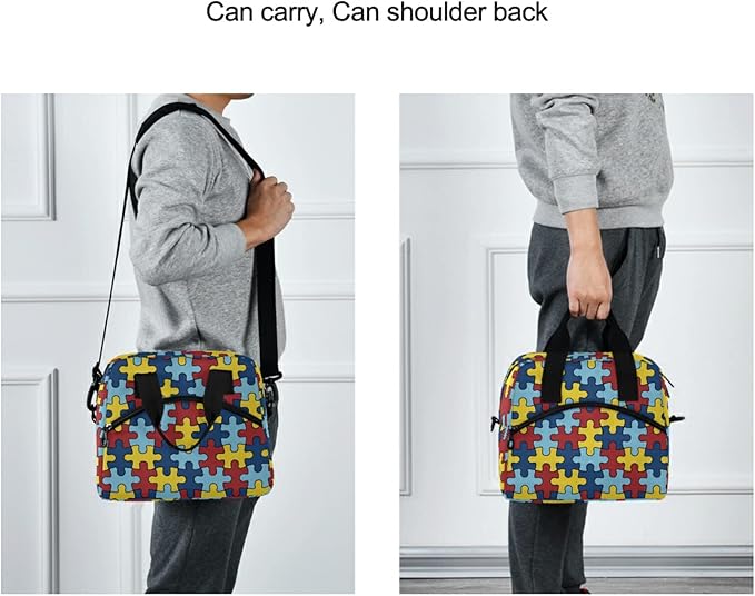 CBBYY Autism Awareness Colorful Puzzle Piece Lunch Bags for Women Men, Reusable Insulated Lunch Box, Adjustable Shoulder Straps Tote Lunch Bag for Work Picnic School