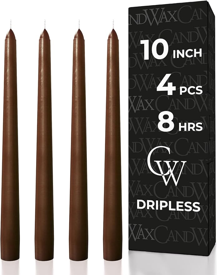 CANDWAX 10 inch Taper Candles - Set of 4 Dripless Tapered Candlesticks - Unscented, Perfect for Dinner and Household Use - Brown Candles for Home Decor