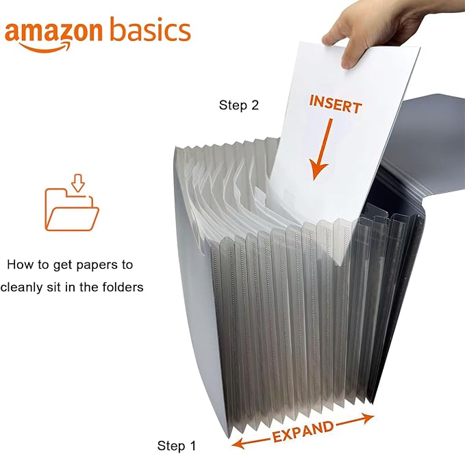 Amazon Basics Expanding Accordion File Organizer, Letter Size, 13 Compartments, Large Capacity Document Storage, Waterproof, Black, 1-Pack