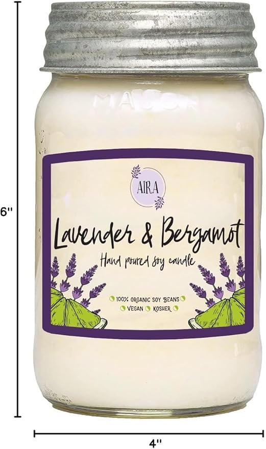 Aira Soy Candles - Organic, Kosher, Vegan, in Mason Jar w/Therapeutic Grade Essential Oil Blends - Hand-Poured 100% Soy Candle Wax - Paraffin Free, Burns 110+ Hours - Lavender & Bergamot -16 Ounces