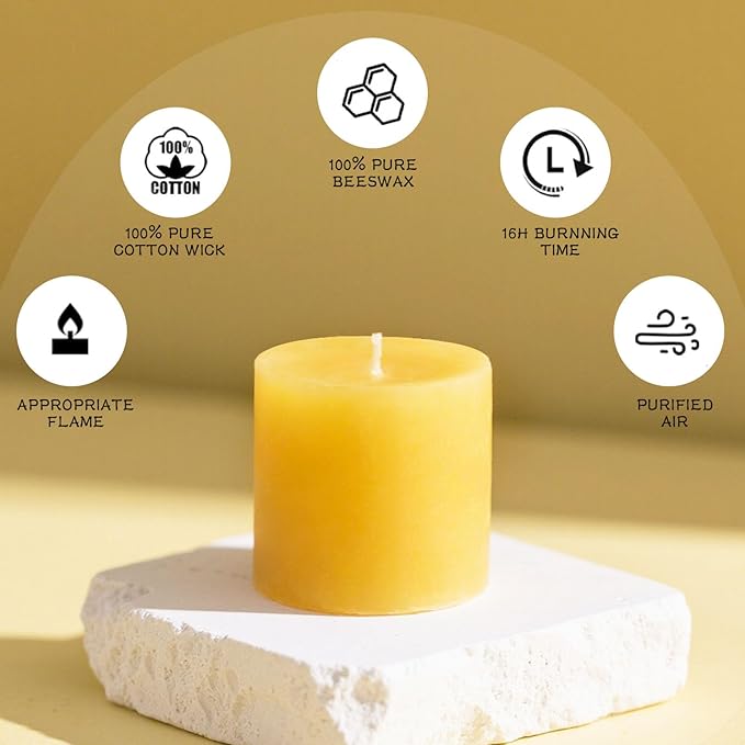 6pcs Beeswax Candle, 2x2 Inches Beeswax Pillar Candles 96-Hour Long Burn Time, 100% Natural Pure Bees Wax Candle for Home Holidays Decor Spa Relaxation (2x2in)