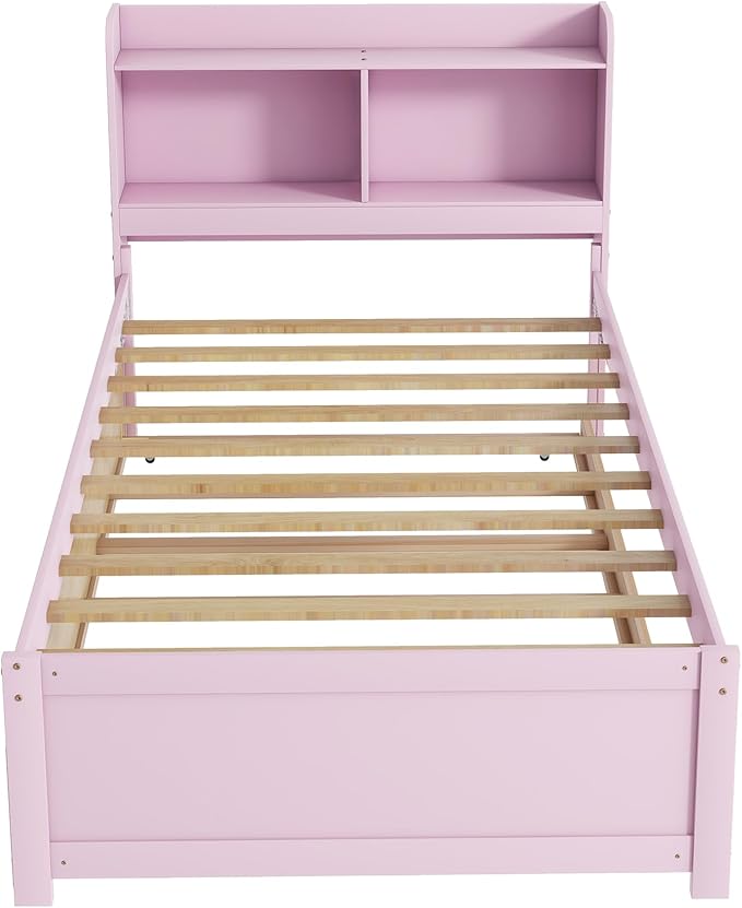 Harper & Bright Designs Twin Size Platform Bed with Bookcase Headboard and Trundle, Wooden Twin Platform Bed Frame with Bookself for Kids Girls Boys, Pink