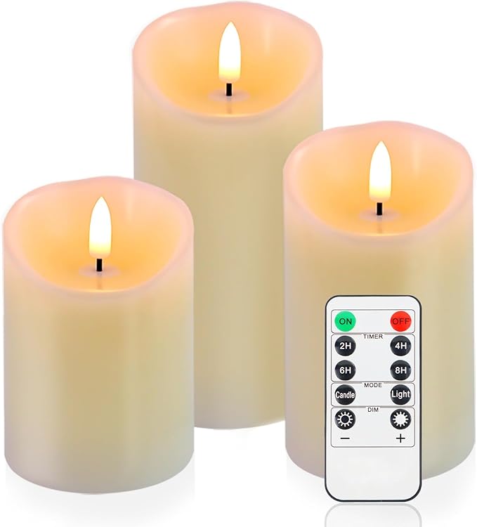 Flameless Candles Battery Operated with Remote Timer, 3D Flame Flickering, Last 500+ Hours Battery Candles, Ivory Real Wax LED Pillar Candle for Wedding Home Christmas Decorations, Set of 3