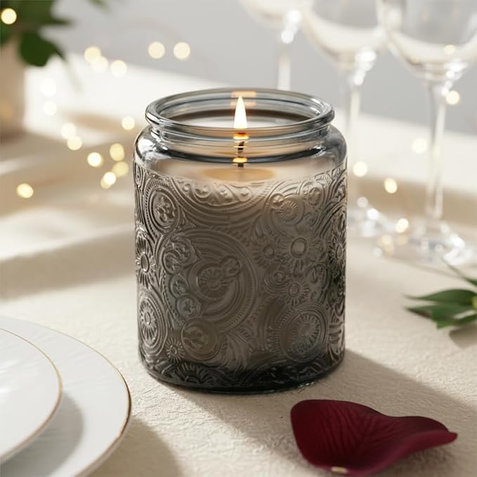 9-Pack 8oz Embossed Glass Candle Container with Bamboo Lids and Labels, Gray Candle Jars for Making Candles, Sun Moon Star Design