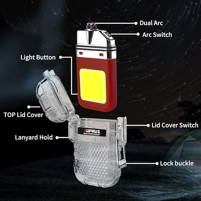 SUPRUS Waterproof 3 Modes of Flashlight Windproof Lighter Dual Arc Electric Rechargeable Dual Arc Plasma Lighter with Survival Emergency Whistle and Lanyard (Red)