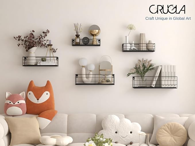 CRUGLA Floating Shelves Wall Mounted Set of 5, Black Hanging Storage Wall Shelf for Bathroom, Kitchen, Bedroom, Living Room Home Decor