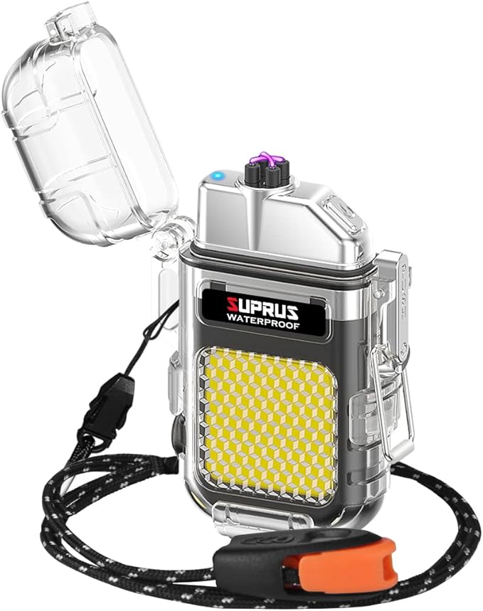 SUPRUS Waterproof 3 Modes of Flashlight Windproof Lighter Dual Arc Electric Rechargeable Dual Arc Plasma Lighter with Survival Emergency Whistle and Lanyard (Black)