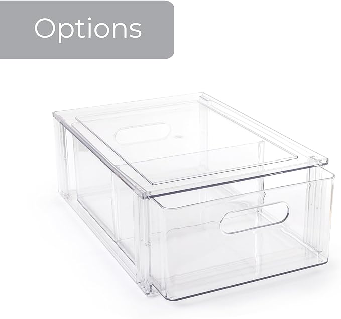 Smart Design Pull-Out Stackable Storage Bin with Removable Dividers - Small - 12.5" D x 8.35" W x 4.13" H - Clear