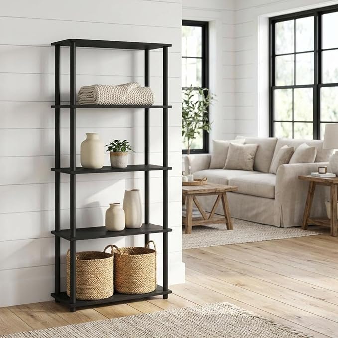 Furnifact Black Bookcase, Modern Wooden Design, Spacious Storage, Durable Wood, Stylish Home Office or Living Room Organizer