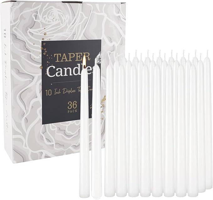 36 Pack White Taper Candles 10 Inch - Premium Unscented Dripless & Smokeless Long-Burning Candles for Wedding Decor, Fine Dining, Candelabras, Romantic Dinner, and Elegant Home Decor